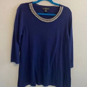 August silk- dark blue sweater with neck accents- Size Medium